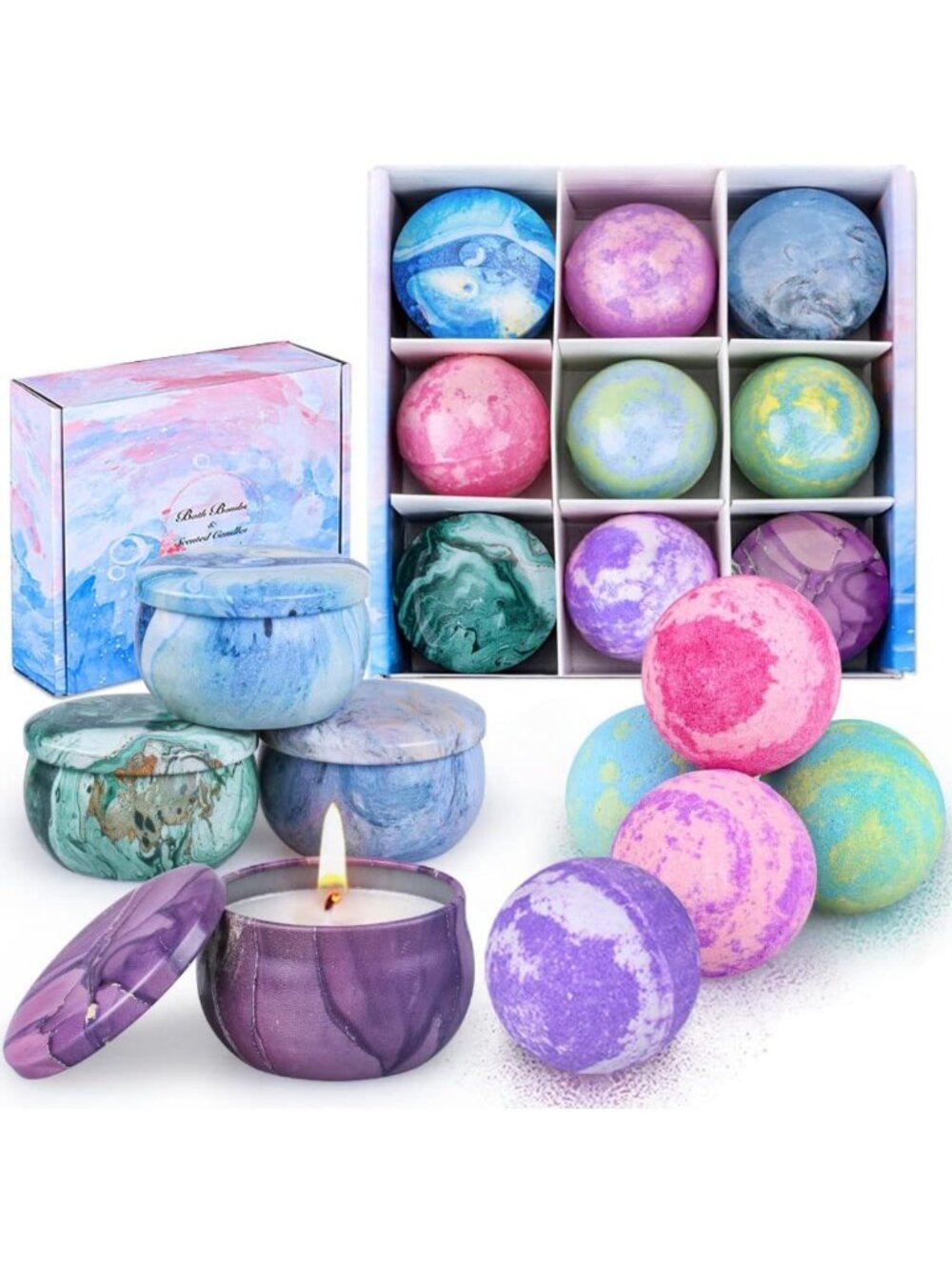 Colorful Bath Bombs Gift Set with Scented Candles - Spa Essentials for